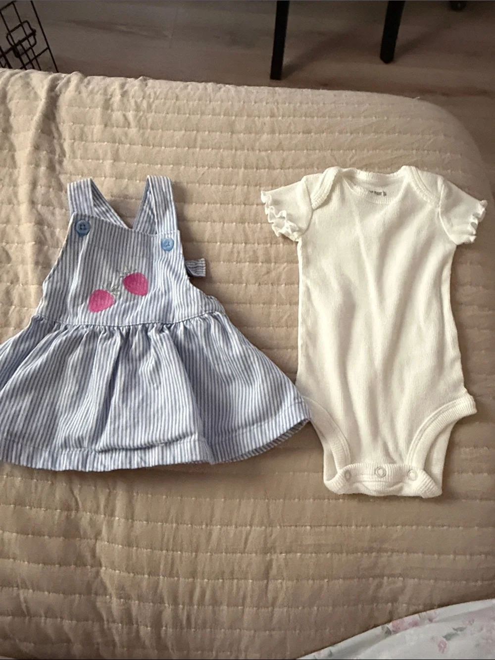 3 MONTHS Striped Blue Pinafore Dress with Pink Strawberry Embroidery